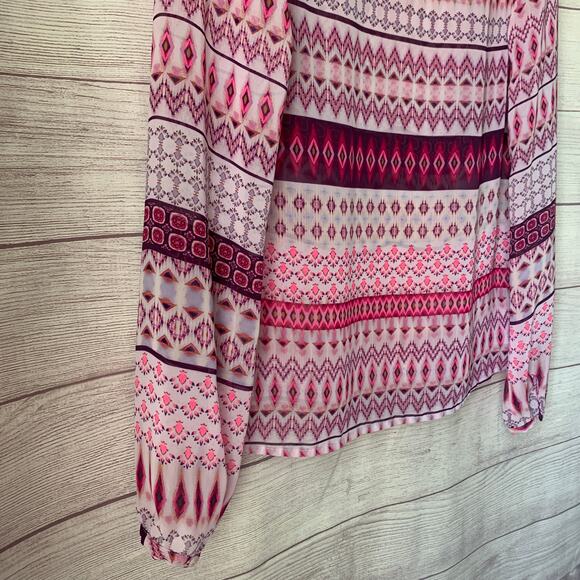 Decree Pink Sheer Geometric Pattern Blouse Swim Cover Up Tie Neck Size M - Picture 15 of 16